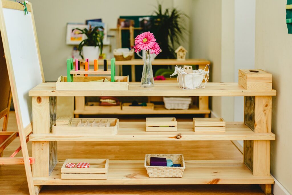 Shelving in a classroom with montessori material